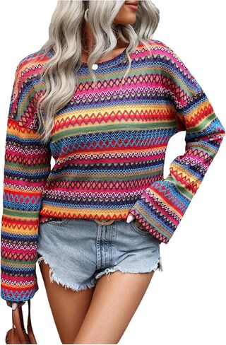 WDIRARA Women's Rainbow Striped T Shirts Long Bell Sleeve Tee Geometric Crew Neck Tops in Saudi Arabia