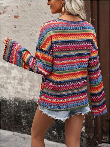 WDIRARA Women's Rainbow Striped T Shirts Long Bell Sleeve Tee Geometric Crew Neck Tops in Saudi Arabia
