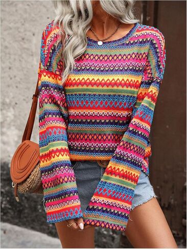 WDIRARA Women's Rainbow Striped T Shirts Long Bell Sleeve Tee Geometric Crew Neck Tops in Saudi Arabia