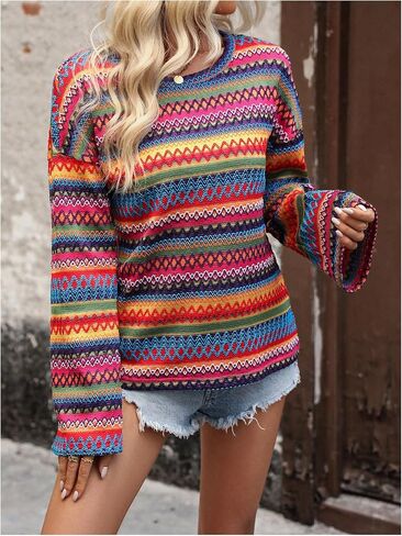 WDIRARA Women's Rainbow Striped T Shirts Long Bell Sleeve Tee Geometric Crew Neck Tops in Saudi Arabia