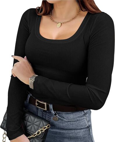 Women's Plus Size Long Sleeve Scoop Neck Ribbed Knit T Shirt Casual Fitted Tops in Saudi Arabia