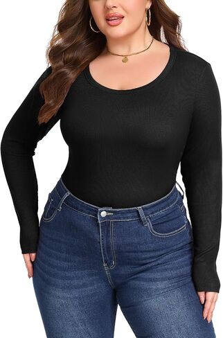 Women's Plus Size Long Sleeve Scoop Neck Ribbed Knit T Shirt Casual Fitted Tops in Saudi Arabia