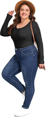 Women's Plus Size Long Sleeve Scoop Neck Ribbed Knit T Shirt Casual Fitted Tops in Saudi Arabia
