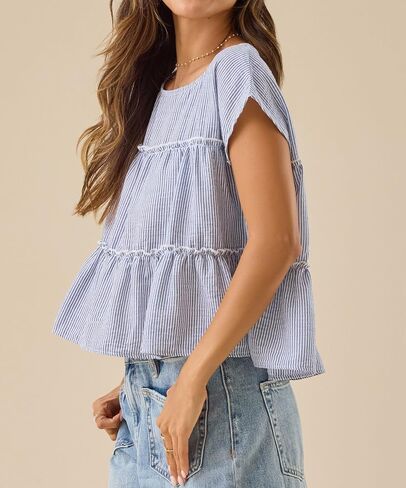Womens Tiered Cute Boho Blouse Shirts Y2k Striped Ruched Flowy Ruffle Peplum Short Cap Sleeve Babydoll Crop Tops Tee in Saudi Arabia