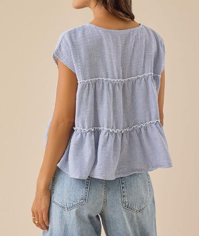 Womens Tiered Cute Boho Blouse Shirts Y2k Striped Ruched Flowy Ruffle Peplum Short Cap Sleeve Babydoll Crop Tops Tee in Saudi Arabia