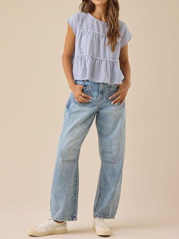 Womens Tiered Cute Boho Blouse Shirts Y2k Striped Ruched Flowy Ruffle Peplum Short Cap Sleeve Babydoll Crop Tops Tee in Saudi Arabia