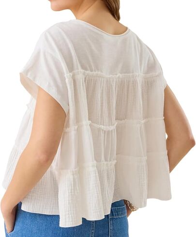 Womens Tiered Cute Boho Blouse Shirts Y2k Striped Ruched Flowy Ruffle Peplum Short Cap Sleeve Babydoll Crop Tops Tee in Saudi Arabia