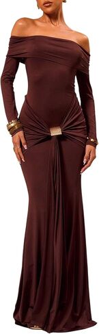 فستان GORGLITTER نسائي طويل بدون أكتاف Bodycon طويل الأكمام من المعدن المكشكش، فساتين طويلة in Saudi Arabia