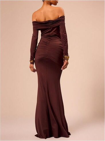 فستان GORGLITTER نسائي طويل بدون أكتاف Bodycon طويل الأكمام من المعدن المكشكش، فساتين طويلة in Saudi Arabia