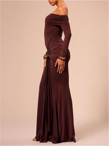 فستان GORGLITTER نسائي طويل بدون أكتاف Bodycon طويل الأكمام من المعدن المكشكش، فساتين طويلة in Saudi Arabia