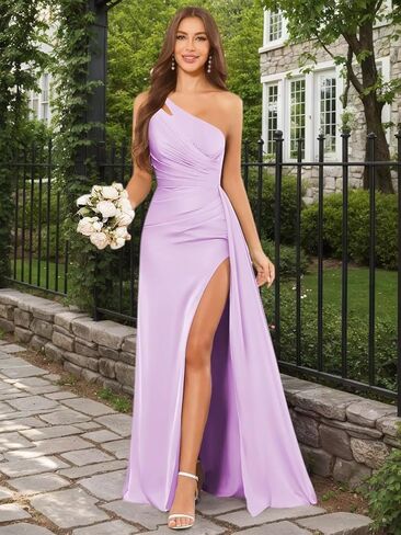 فساتين HYY طويلة بكتف واحد لوصيفات العروس مع فتحة من الساتان الأزرق المغبر بطيات رسمية لحفلات الزفاف مقاس 12 in Kuwait