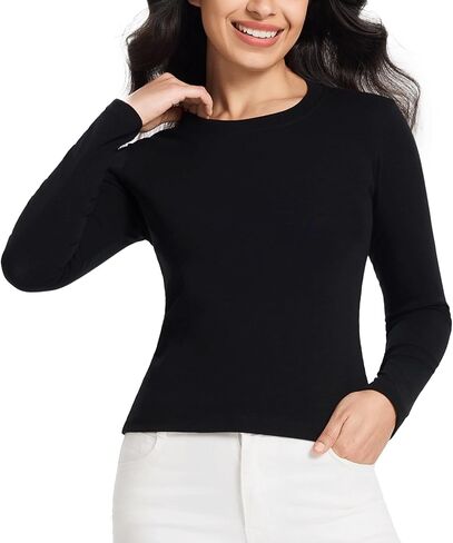 Long Sleeve Cotton Shirts for Women Solid Color Casual Bodysuit Basic Crewneck Tee 2025 Fall Slim Fit Going Out Tops in Saudi Arabia