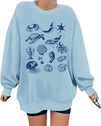 KEEVICI Cute Ocean Beach Graphic Sweatshirts for Women Turtle Whale Oversized Sweatshirt Pullover Cotton Long Sleeve Shirt in Saudi Arabia