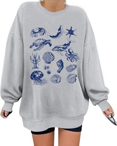KEEVICI Cute Ocean Beach Graphic Sweatshirts for Women Turtle Whale Oversized Sweatshirt Pullover Cotton Long Sleeve Shirt in Saudi Arabia
