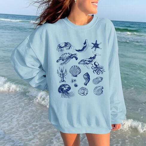 KEEVICI Cute Ocean Beach Graphic Sweatshirts for Women Turtle Whale Oversized Sweatshirt Pullover Cotton Long Sleeve Shirt in Saudi Arabia