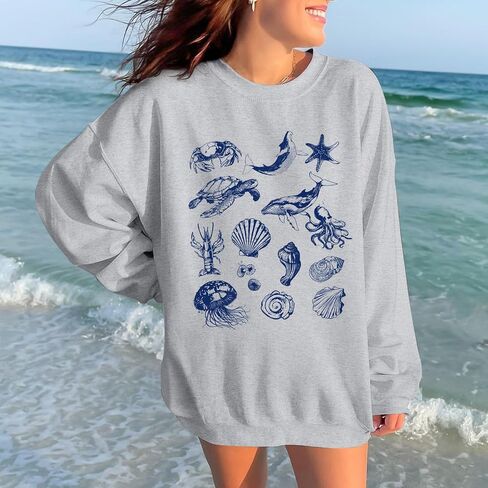 KEEVICI Cute Ocean Beach Graphic Sweatshirts for Women Turtle Whale Oversized Sweatshirt Pullover Cotton Long Sleeve Shirt in Saudi Arabia