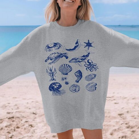 KEEVICI Cute Ocean Beach Graphic Sweatshirts for Women Turtle Whale Oversized Sweatshirt Pullover Cotton Long Sleeve Shirt in Saudi Arabia