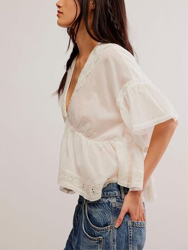 قميص نسائي من الدانتيل مزين بالدانتيل Y2k بأكمام قصيرة وكشكشة ومنخفضة القطع ملابس بيبي دول بوهو لطيفة خرافية ملابس خروج للخارج in Kuwait