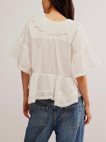 قميص نسائي من الدانتيل مزين بالدانتيل Y2k بأكمام قصيرة وكشكشة ومنخفضة القطع ملابس بيبي دول بوهو لطيفة خرافية ملابس خروج للخارج in Kuwait