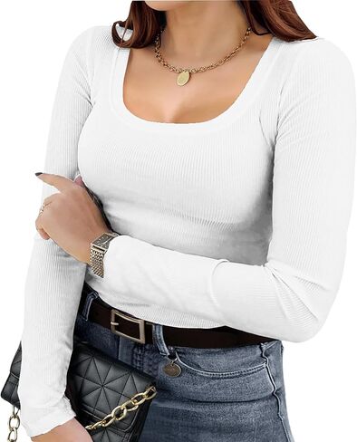 Women's Plus Size Long Sleeve Scoop Neck Ribbed Knit T Shirt Casual Fitted Tops in Kuwait