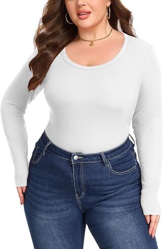 Women's Plus Size Long Sleeve Scoop Neck Ribbed Knit T Shirt Casual Fitted Tops in Kuwait