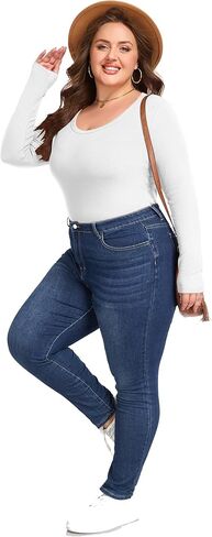 Women's Plus Size Long Sleeve Scoop Neck Ribbed Knit T Shirt Casual Fitted Tops in Kuwait