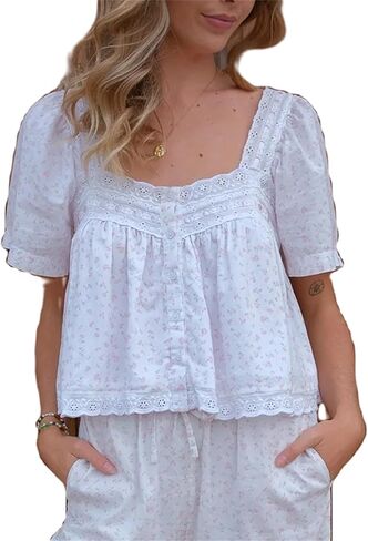 قميص نسائي من الدانتيل مزين بالدانتيل Y2k بأكمام قصيرة وكشكشة ومنخفضة القطع ملابس بيبي دول بوهو لطيفة خرافية ملابس خروج للخارج in Kuwait