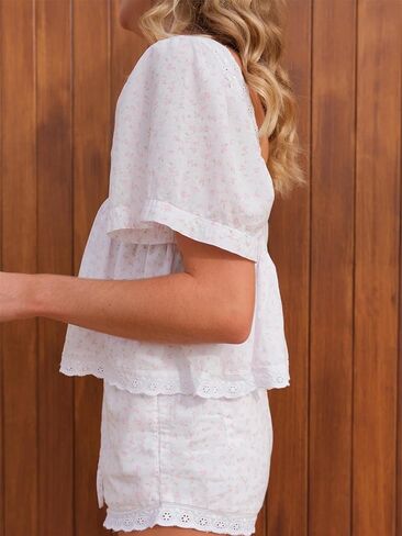 قميص نسائي من الدانتيل مزين بالدانتيل Y2k بأكمام قصيرة وكشكشة ومنخفضة القطع ملابس بيبي دول بوهو لطيفة خرافية ملابس خروج للخارج in Kuwait