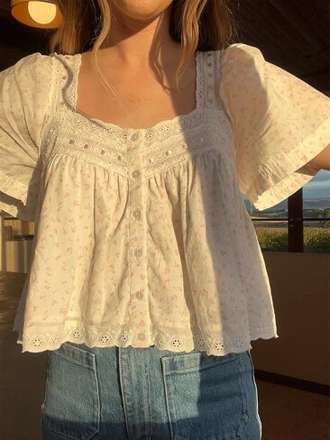 قميص نسائي من الدانتيل مزين بالدانتيل Y2k بأكمام قصيرة وكشكشة ومنخفضة القطع ملابس بيبي دول بوهو لطيفة خرافية ملابس خروج للخارج in Kuwait