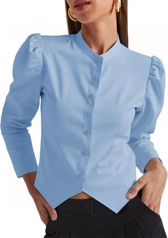 Tankaneo Womens Puff Sleeve Button Down Shirts Cropped Mock Neck Fitted Tops Fall Dressy Casual Cotton Blouse in Saudi Arabia