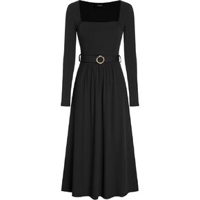 فستان CIDER طويل الأكمام ورقبة مربعة محاك بخصر عالٍ وحزام متوسط ​​الطول فساتين الخريف النسائية الأنيقة in Kuwait