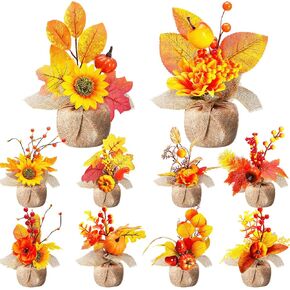 Giegxin 10 Pcs Thanksgiving Fall Halloween Artificial Potted Flowers Fall Decor Fake Potted Plants with Pumpkin, Sunflower, Maple Leaf, Pine Cone for Autumn Harvest Decor, Table Centerpiece(Burlap) in Saudi Arabia