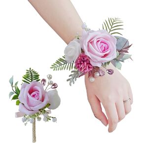Pink Corsage and Boutonniere Set, Prom Wedding Homecoming Wrist Corsage Wristlet and Boutonniere Set for Grooms Groomsmen Guest Bridal Bridesmaid Artificial Flower Suit Decoration in Saudi Arabia
