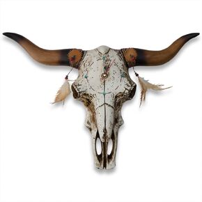 Steer Skull Clock Plaque | Handpainted POLYRESIN Design | Leather and Feather Accents | Turquoise Stone Hour Markers | Built-in Wall Hook | 18 1/2" X 12 1/4" in Saudi Arabia