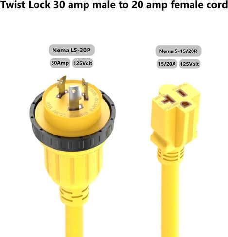 1FT 30-Amp to 15-Amp Marine-Shore Power-Adapter NEMA L5-30P to 5-15/20R,10AWG 30Amp to 20Amp T Blade Marine Adapter Plug,Twist Lock 125V 30A to 20A/ 15A Household Outlet Pigtail Boat Adapter in Saudi Arabia