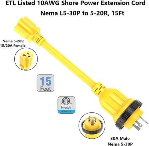 1FT 30-Amp to 15-Amp Marine-Shore Power-Adapter NEMA L5-30P to 5-15/20R,10AWG 30Amp to 20Amp T Blade Marine Adapter Plug,Twist Lock 125V 30A to 20A/ 15A Household Outlet Pigtail Boat Adapter in Saudi Arabia