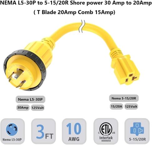 1FT 30-Amp to 15-Amp Marine-Shore Power-Adapter NEMA L5-30P to 5-15/20R,10AWG 30Amp to 20Amp T Blade Marine Adapter Plug,Twist Lock 125V 30A to 20A/ 15A Household Outlet Pigtail Boat Adapter in Saudi Arabia