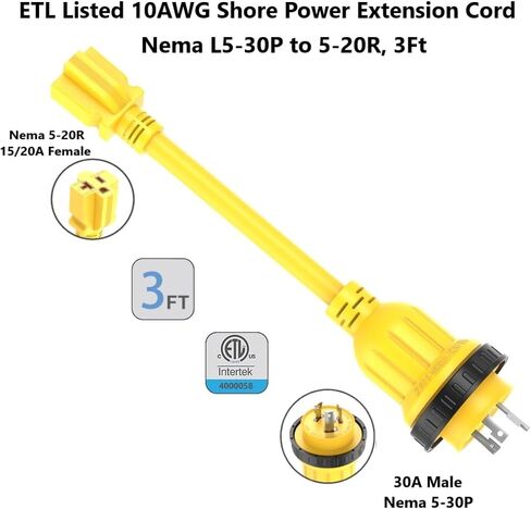 1FT 30-Amp to 15-Amp Marine-Shore Power-Adapter NEMA L5-30P to 5-15/20R,10AWG 30Amp to 20Amp T Blade Marine Adapter Plug,Twist Lock 125V 30A to 20A/ 15A Household Outlet Pigtail Boat Adapter in Saudi Arabia