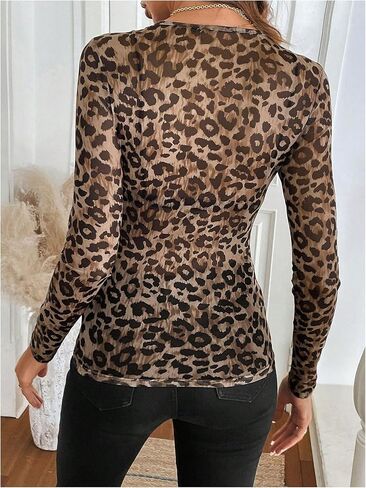 Milumia Women's Leopard Print Mesh Top Round Neck Long Sleeve Slim Fit T Shirts in Saudi Arabia