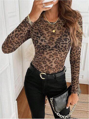 Milumia Women's Leopard Print Mesh Top Round Neck Long Sleeve Slim Fit T Shirts in Saudi Arabia