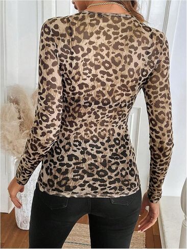Milumia Women's Leopard Print Mesh Top Round Neck Long Sleeve Slim Fit T Shirts in Saudi Arabia