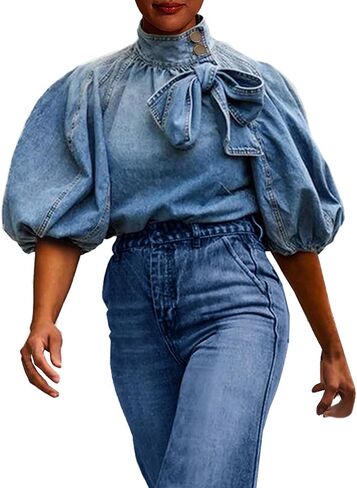 SEMATOMALA Women's Puff Sleeve Blue Denim Blouse Top Bow Tie Mock Neck Short Sleeve Oversized Pullover Jean Shirt in Saudi Arabia