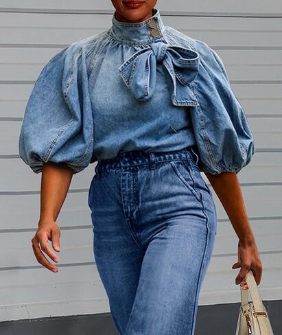 SEMATOMALA Women's Puff Sleeve Blue Denim Blouse Top Bow Tie Mock Neck Short Sleeve Oversized Pullover Jean Shirt in Saudi Arabia
