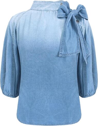 SEMATOMALA Women's Puff Sleeve Blue Denim Blouse Top Bow Tie Mock Neck Short Sleeve Oversized Pullover Jean Shirt in Saudi Arabia