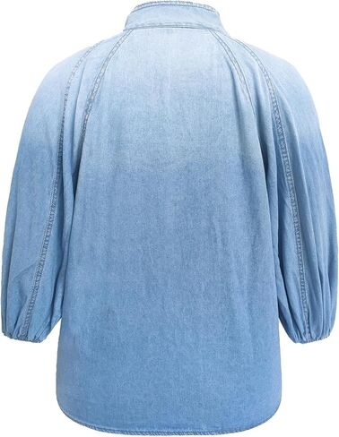 SEMATOMALA Women's Puff Sleeve Blue Denim Blouse Top Bow Tie Mock Neck Short Sleeve Oversized Pullover Jean Shirt in Saudi Arabia