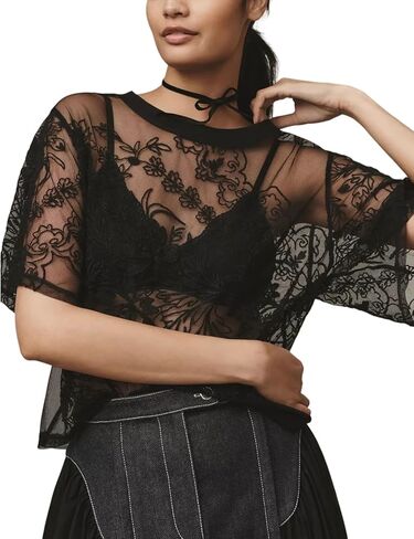 Arssm Womens Lace Mesh Top Short Sleeve Floral Embroidered Sheer Blouse Sexy See Through Lace Layering Shirts(Black-L) in Kuwait