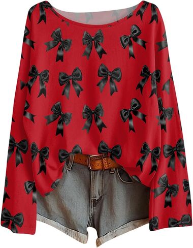 Long Sleeve Shirts for Women Crewneck Tops for Womens Casual Bow Print T Shirts Loose Fit Fall Blouses in Saudi Arabia