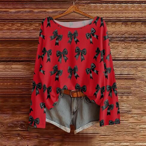 Long Sleeve Shirts for Women Crewneck Tops for Womens Casual Bow Print T Shirts Loose Fit Fall Blouses in Saudi Arabia