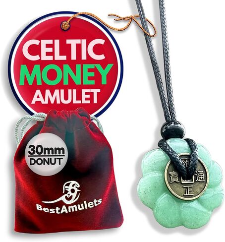 Double Lucky Celtic Lotus Donut and Feng Shui Coin Amulet Necklace - 30mm Good Luck and Protection Gemstone Pendant - Spiritual and Positive Energy Jewelry Gift for Women and Men in Saudi Arabia