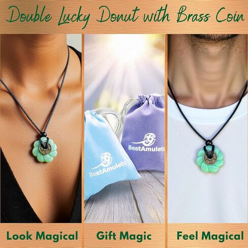 Double Lucky Celtic Lotus Donut and Feng Shui Coin Amulet Necklace - 30mm Good Luck and Protection Gemstone Pendant - Spiritual and Positive Energy Jewelry Gift for Women and Men in Saudi Arabia